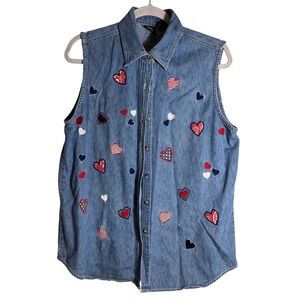 VTG‎ Quizz Again Denim Button Down Vest Embroidered Heart Red White Blue Size L